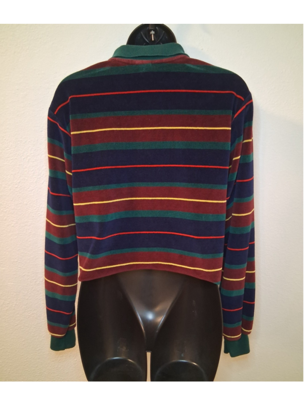 Vintage 70s Campus Velour Women's Medium Crop Boyfriend Polo Shirt Long Sleeve - Picture 4 of 10